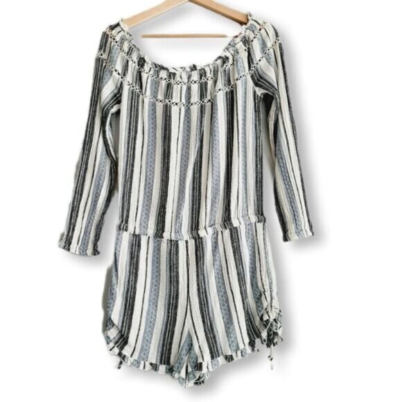ROXY Anthem 100% Cotton Off-Shoulder Romper Blue Stripe Pattern Sz M - Picture 7 of 13